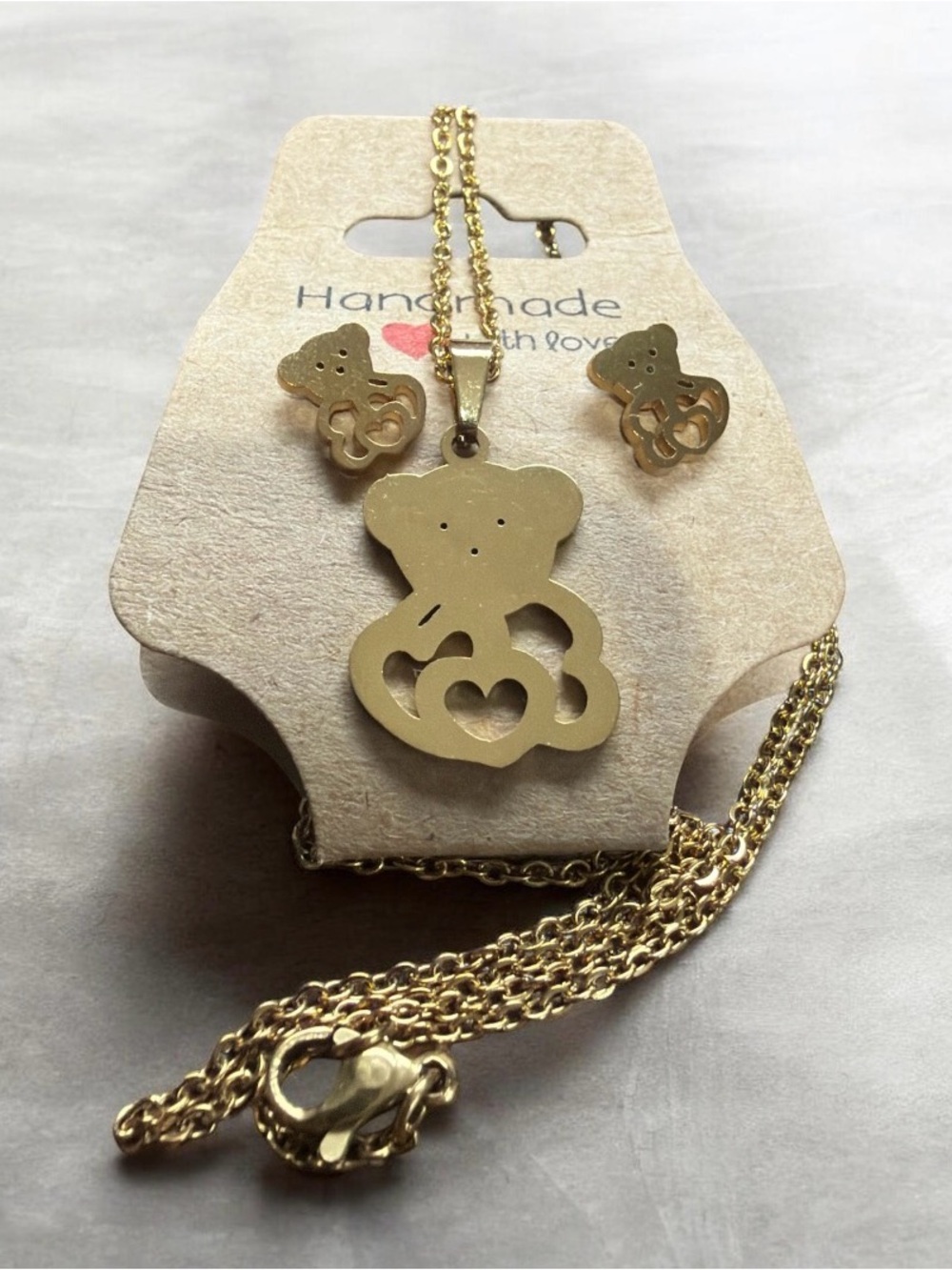 Gold Tone Teddy Bear Pendant Necklace & Earrings Set